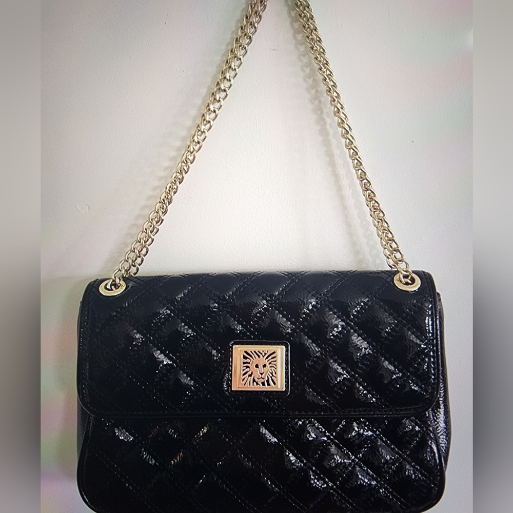 Anne Klein Quilted Patent Shoulder Bag with Gold Insignia and Chain